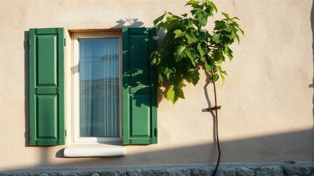 Traditional stone house with green shutters closed against summer sun