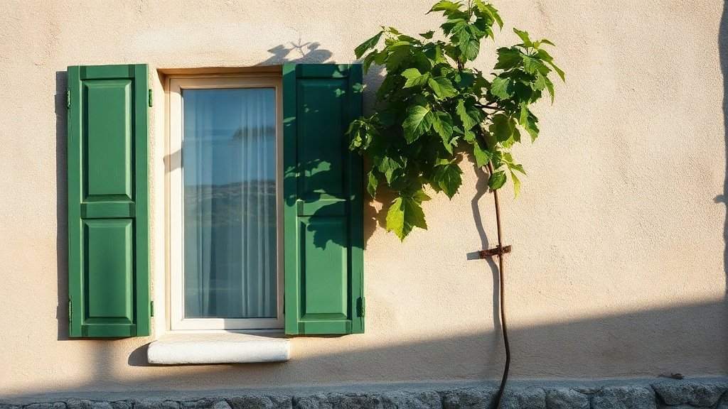 Traditional stone house with green shutters closed against summer sun