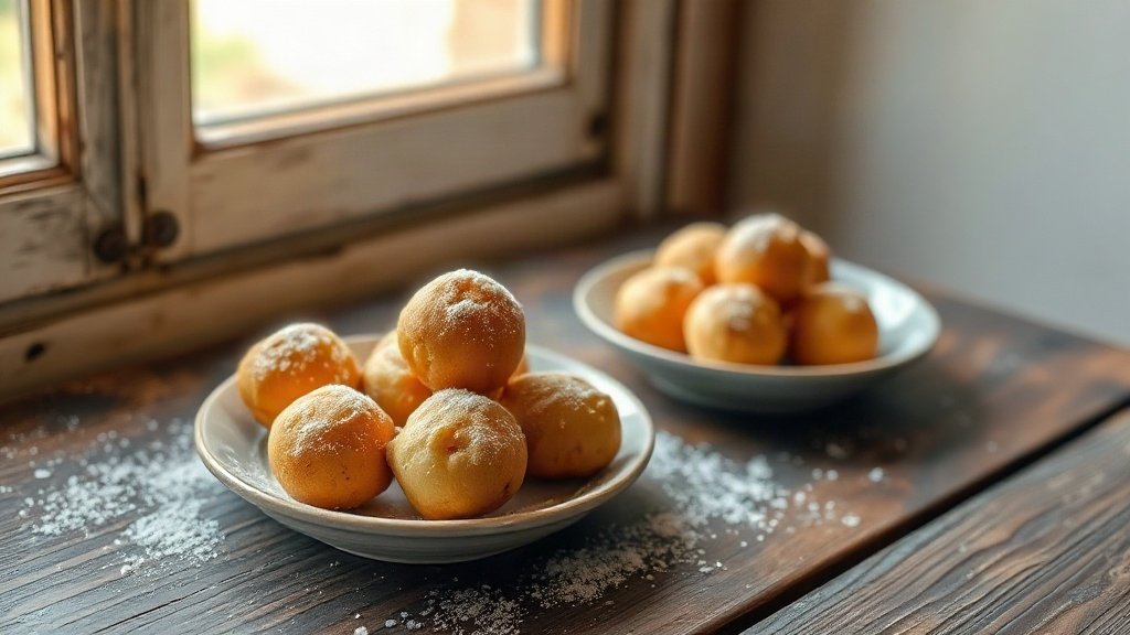 A plate of small fried dough balls dusted with icing sugar