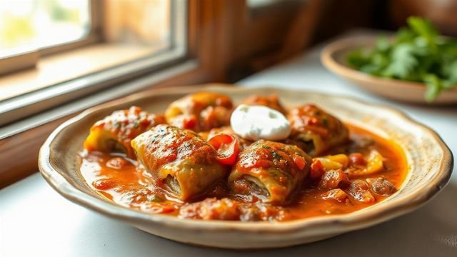 A plate of Croatian sarma with sour cream