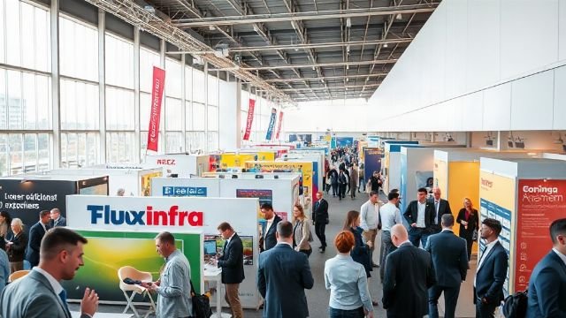 Busy trade fair hall with exhibition stands and visitors networking in Croatia
