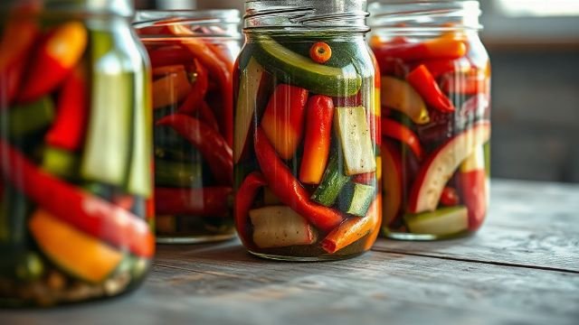 Glass jars filled with pickled vegetables and peppers on a wooden table.