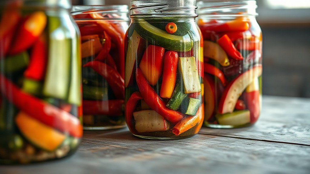 Glass jars filled with pickled vegetables and peppers on a wooden table.