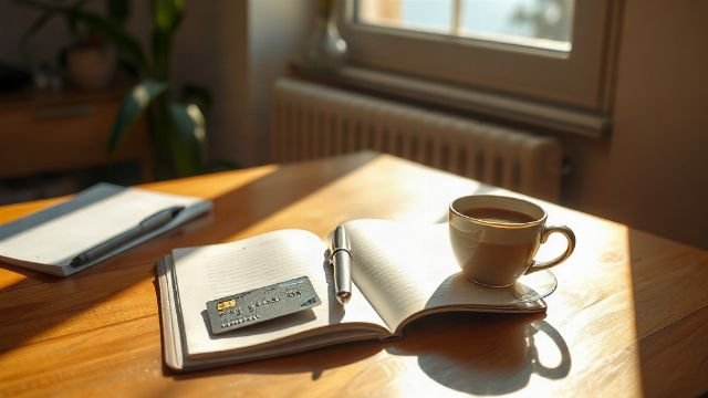 A bank card, notebook and pen resting on a wooden desk in soft daylight