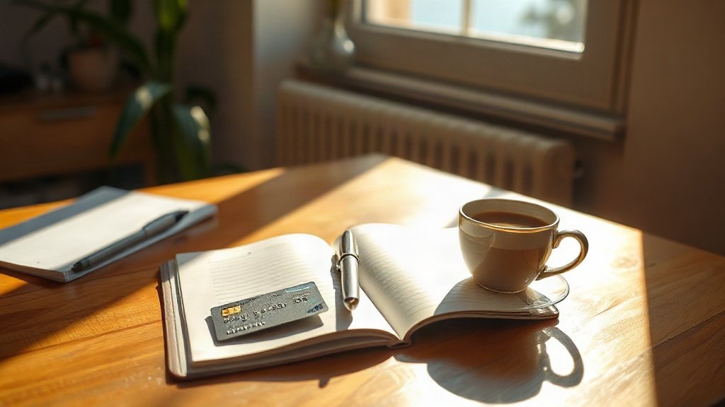 A bank card, notebook and pen resting on a wooden desk in soft daylight