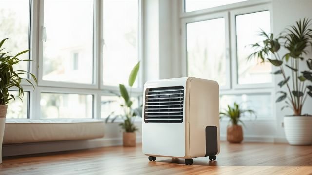 A dehumidifier standing in a bright, airy living room with a window and plants