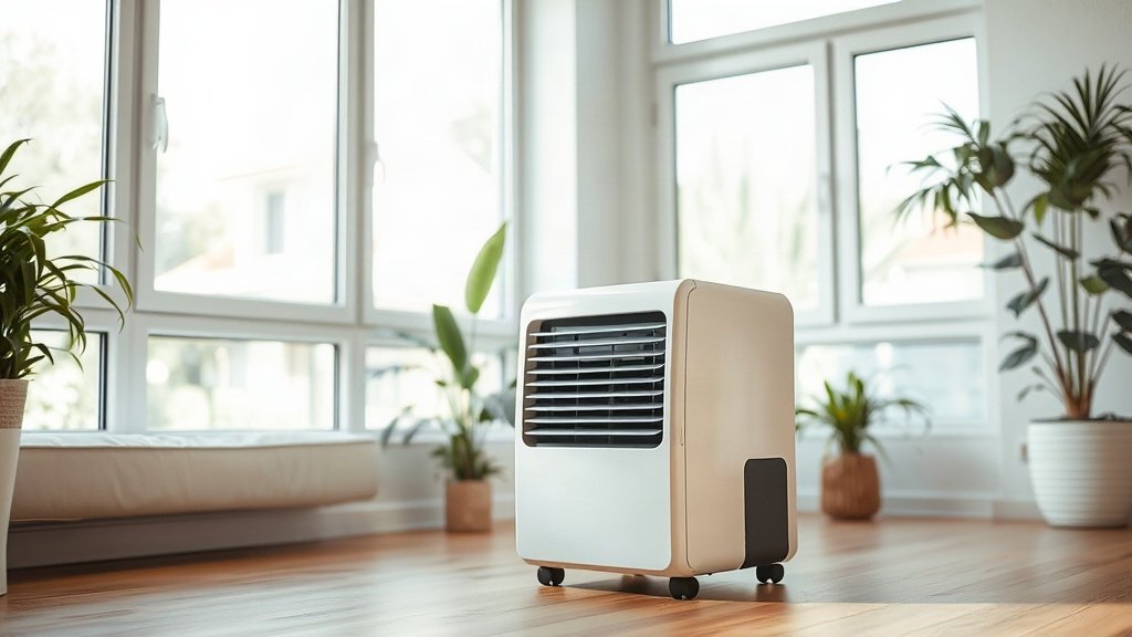 A dehumidifier standing in a bright, airy living room with a window and plants