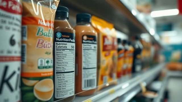 Close-up of food packaging labels on shelves in a Croatian supermarket.
