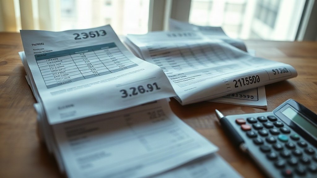 A stack of utility bills on a table with a pen and calculator