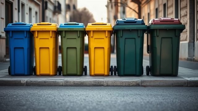 Colour-coded recycling bins on a Croatian street
