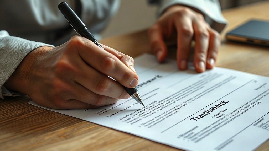 Close-up of hands filling out a trademark application form on a desk