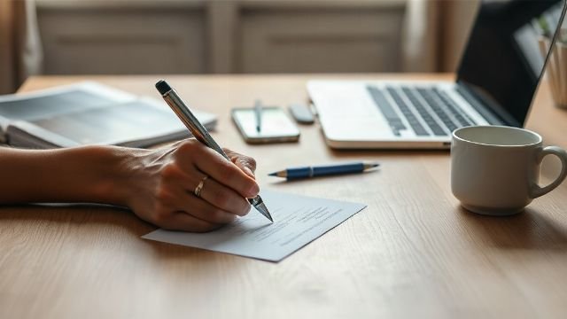 Close-up of hands filling in a business registration form at a wooden desk with a laptop and coffee cup