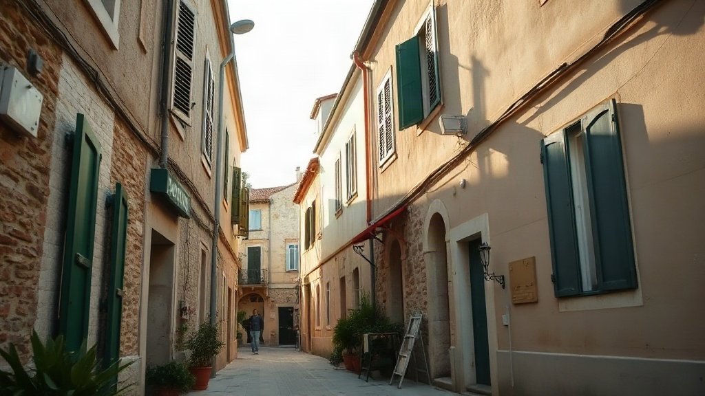 Quiet residential street in a Croatian coastal town with stone houses