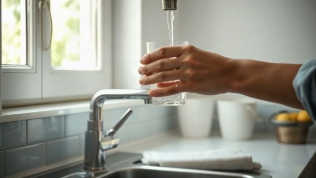 Hands holding a glass under a running tap, with a bucket catching excess water in a sunlit kitchen.