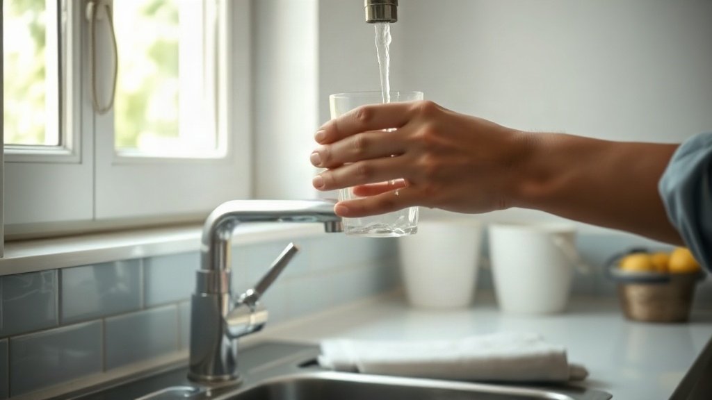 Hands holding a glass under a running tap, with a bucket catching excess water in a sunlit kitchen.