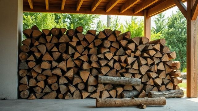 Neatly stacked firewood logs under a simple roof