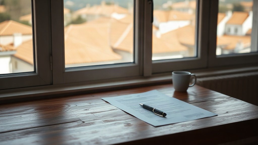 A desk with a contract, a pen and a cup of coffee in soft daylight