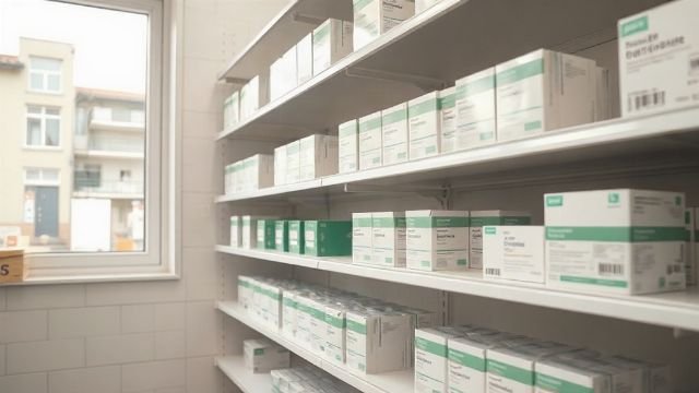 Shelves with medication boxes in a pharmacy