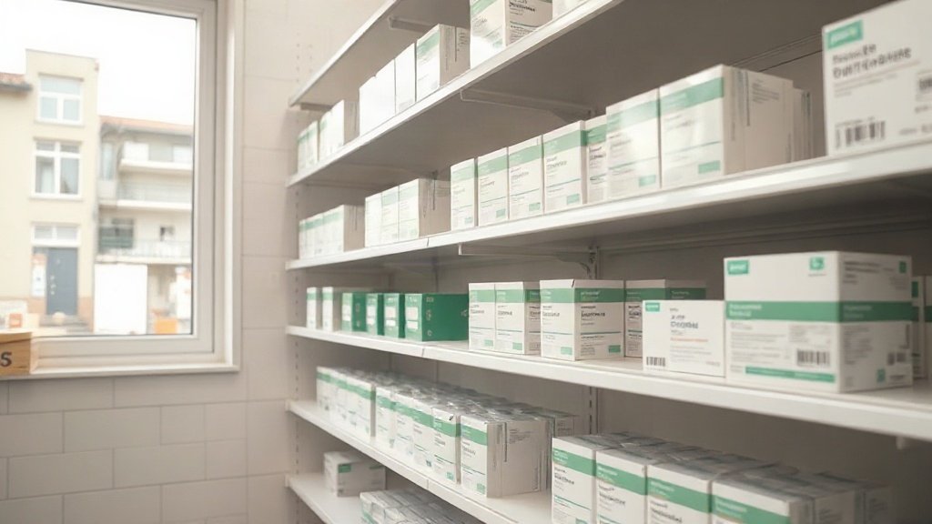 Shelves with medication boxes in a pharmacy