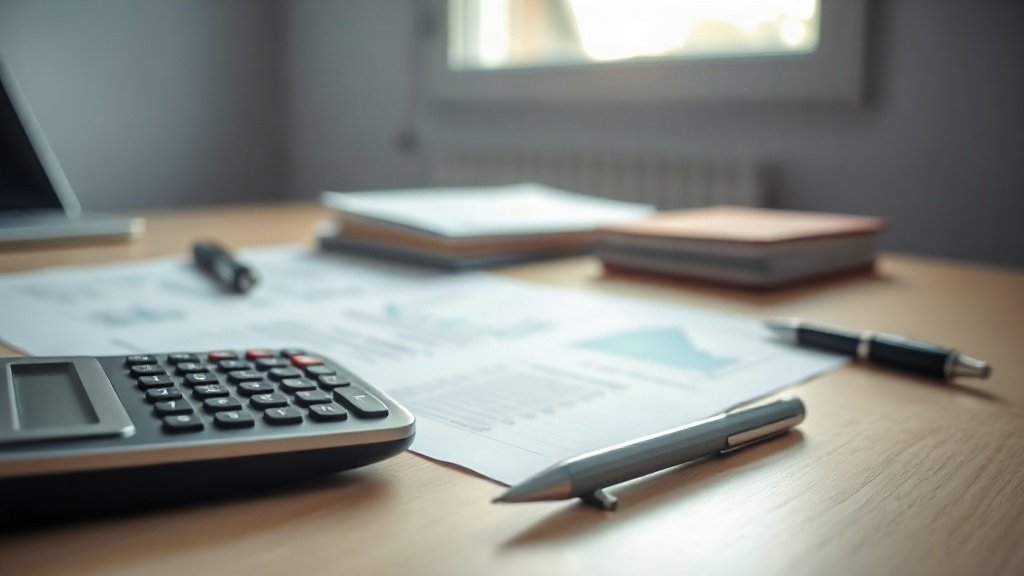 Stack of business documents with a pen and calculator on a desk