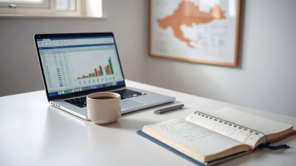A neat desk with a laptop, printed charts, a notebook, and a cup of coffee, representing business planning.