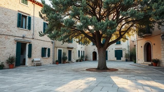 Stone village square in Istria in warm evening light