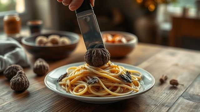 Fresh truffle being shaved over a plate of handmade pasta
