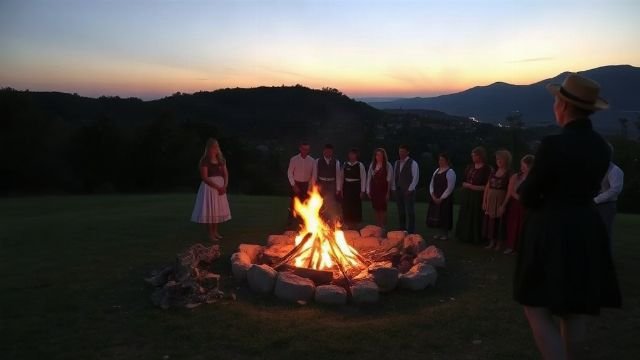 People gathered around a large bonfire on a hilltop at dusk in Croatia