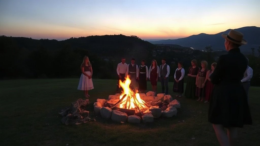 People gathered around a large bonfire on a hilltop at dusk in Croatia