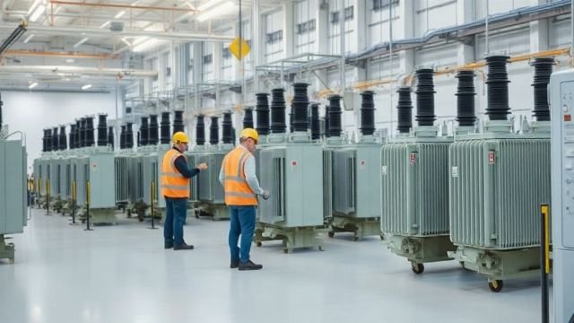 Inside a large industrial hall with electrical transformers being assembled