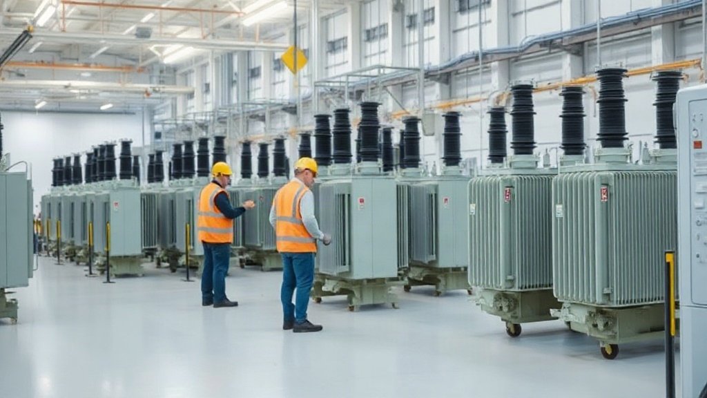 Inside a large industrial hall with electrical transformers being assembled