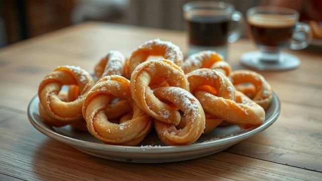 A plate of golden fried kroštule dusted with powdered sugar.