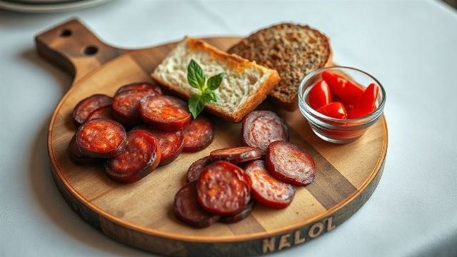 Thin slices of dark red kulen sausage on a wooden board with bread