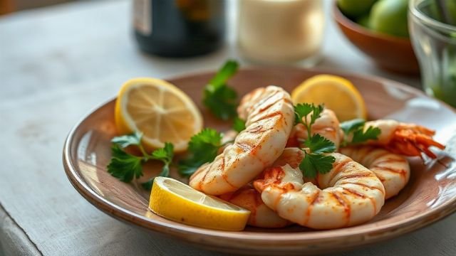 Grilled Kvarner scampi on a plate with lemon and herbs