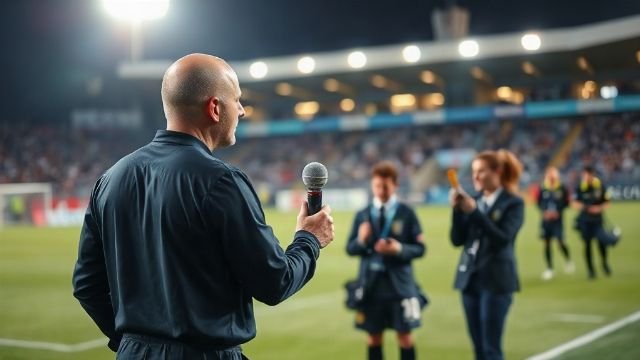 A football referee speaking to a journalist after a match.