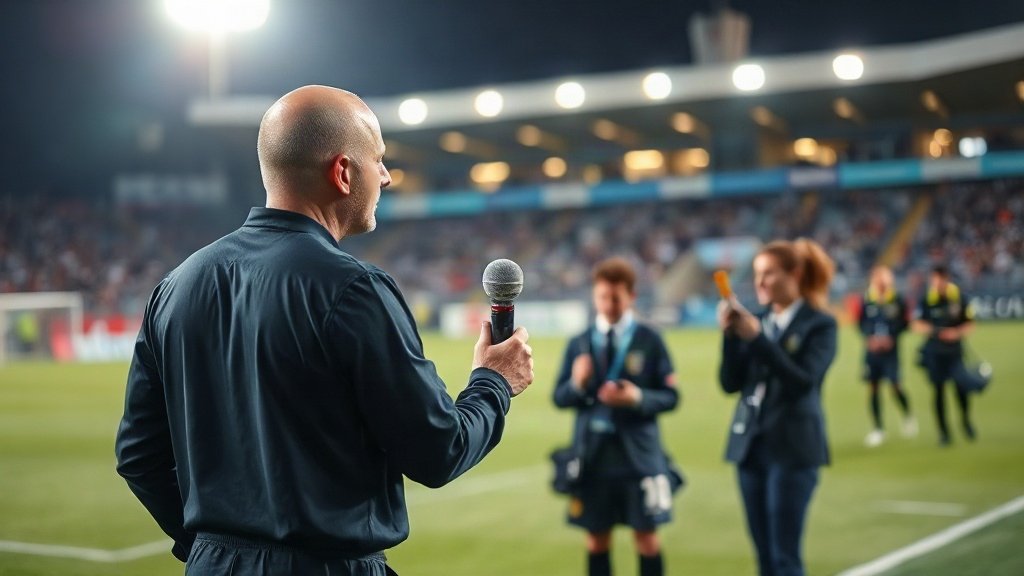 A football referee speaking to a journalist after a match.