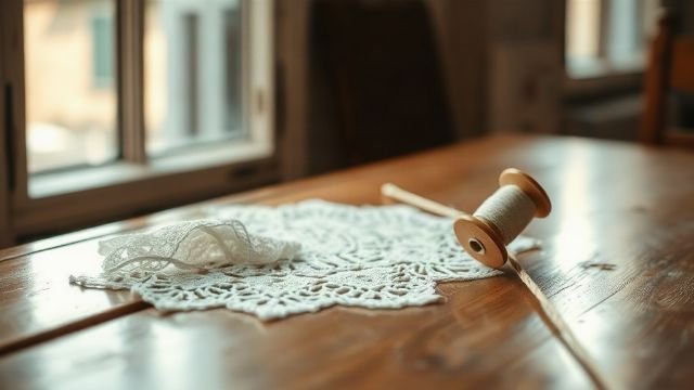 Close-up of delicate handmade white lace on a wooden table