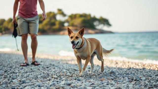 A medium-sized dog walking on a pebbled beach beside its owner, with clear turquoise sea and pine trees in the background