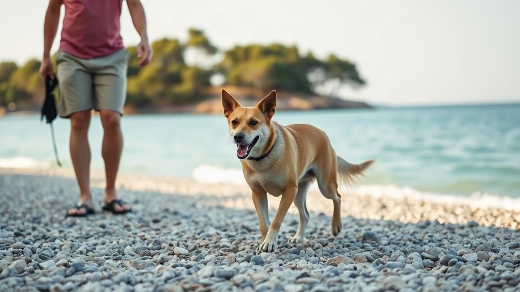 A medium-sized dog walking on a pebbled beach beside its owner, with clear turquoise sea and pine trees in the background