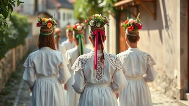 Girls in traditional white Slavonian costumes with tall decorated headdresses participating in the Ljelje procession.