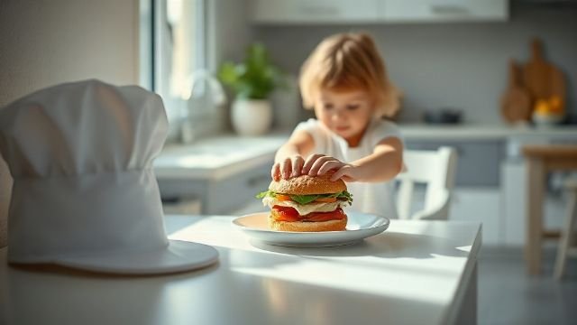 A young child wearing a chef's hat prepares a sandwich in a kitchen.