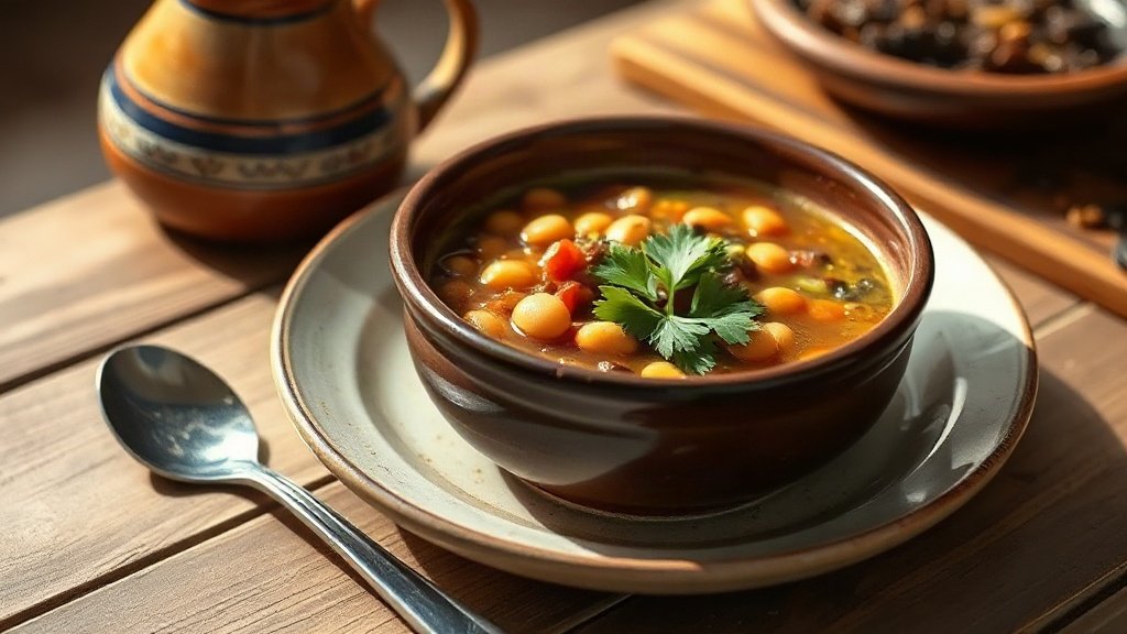 Bowl of traditional Croatian maneštra soup with beans and vegetables