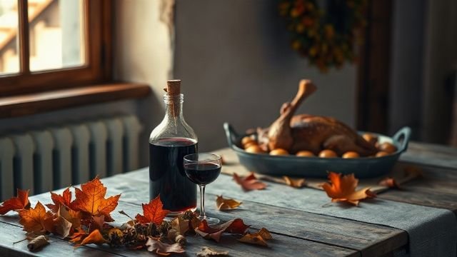 Rustic wooden table with red wine, roasted goose and autumn leaves in a warm indoor setting typical of Martinje celebrations in Croatia.
