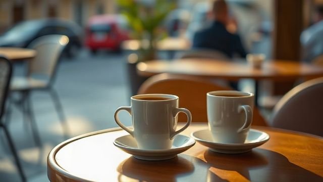 Two cups of coffee on a table in a cafe