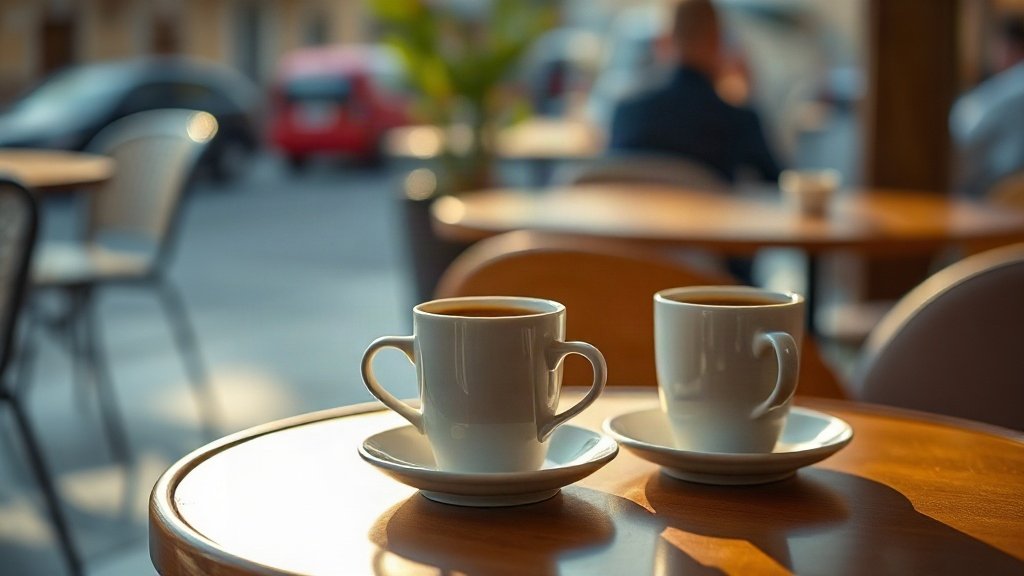 Two cups of coffee on a table in a cafe