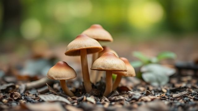 Close-up of poisonous mushrooms on a forest floor