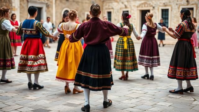 Dancers in traditional Dalmatian costumes performing Nijemo Kolo in a circle