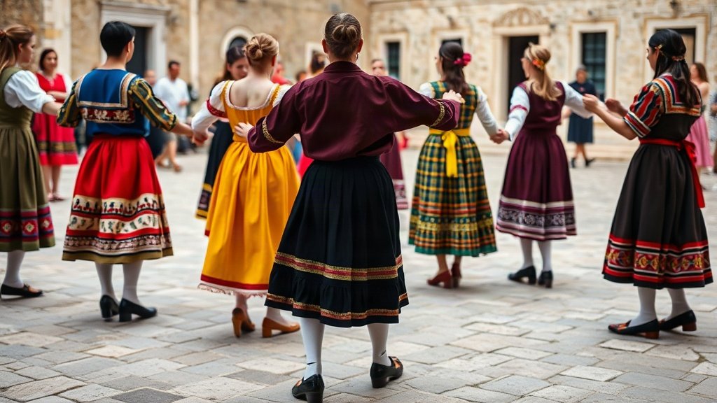 Dancers in traditional Dalmatian costumes performing Nijemo Kolo in a circle