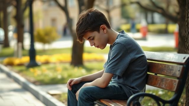 Teenager sitting alone on a park bench, looking down