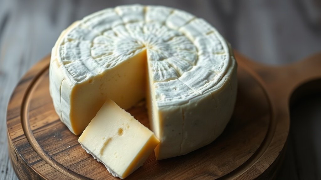 A wheel of Pag cheese with a wedge cut out on a rustic wooden board
